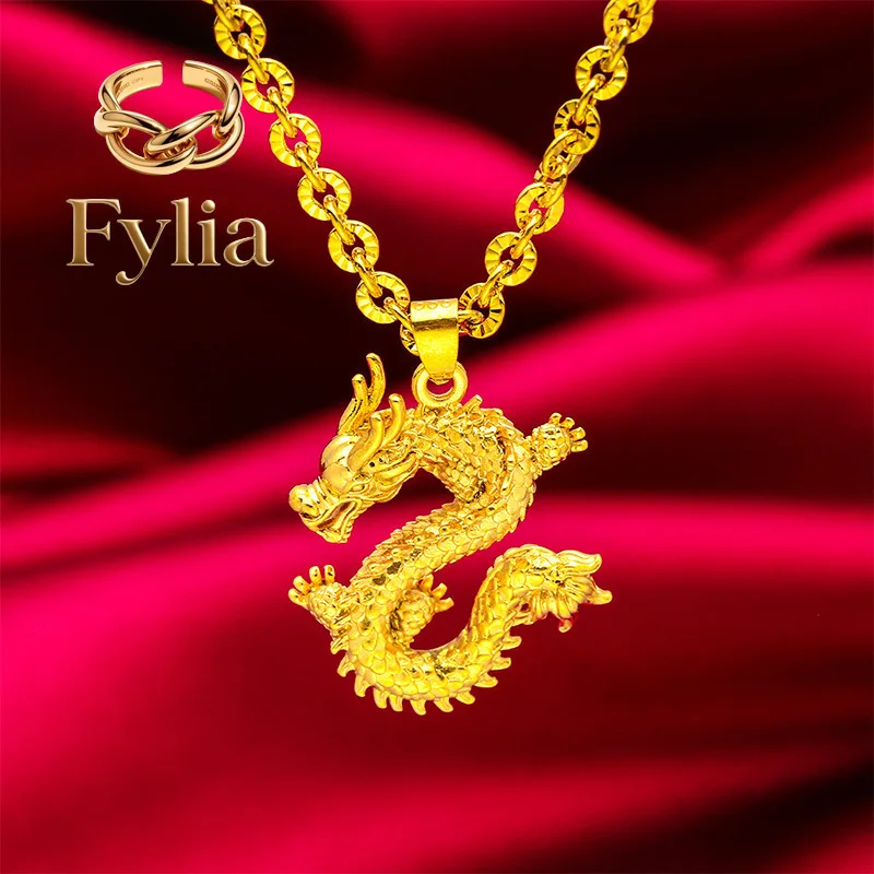 

Fylia Jewelry Men's 24K Gold (AU999) Overbearing Dragon Year Necklace | Gold-washed faceted dragon, filigree lotus with moonst