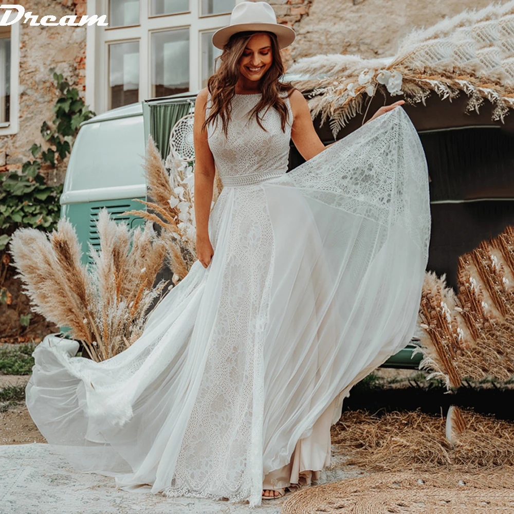 

DREAM Customized Elegant O Neck Chiffon A Line Wedding Dresses Boho Lace Sleeveless Backless Beach Elopement Bridal Gowns 2025