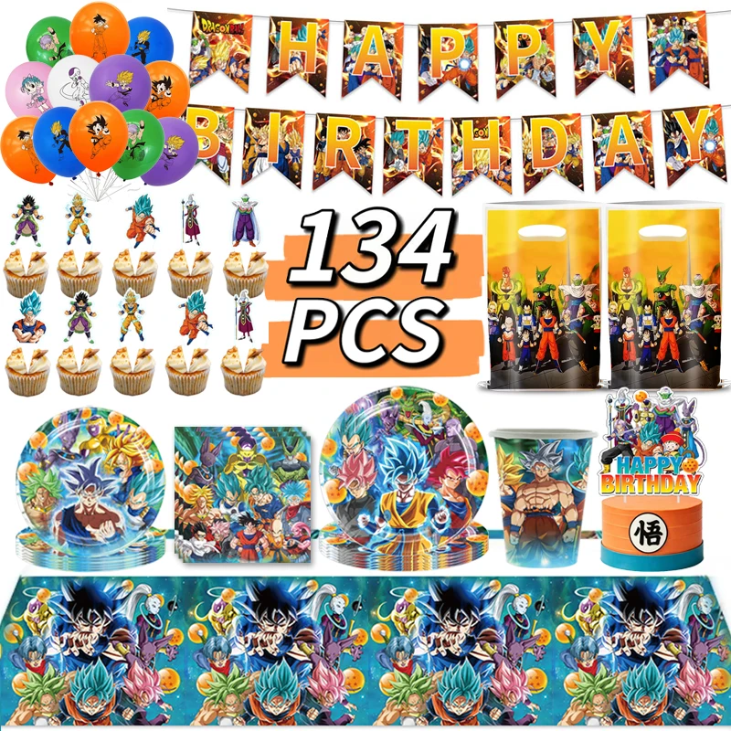 Juego de 134 Piezas de Vajilla Desechable de Dragon Ball Super, Platos, Vasos, Globos, Mantel, Decoración para Pastel, Bolsa de Regalo, Recuerdo para Baby Shower