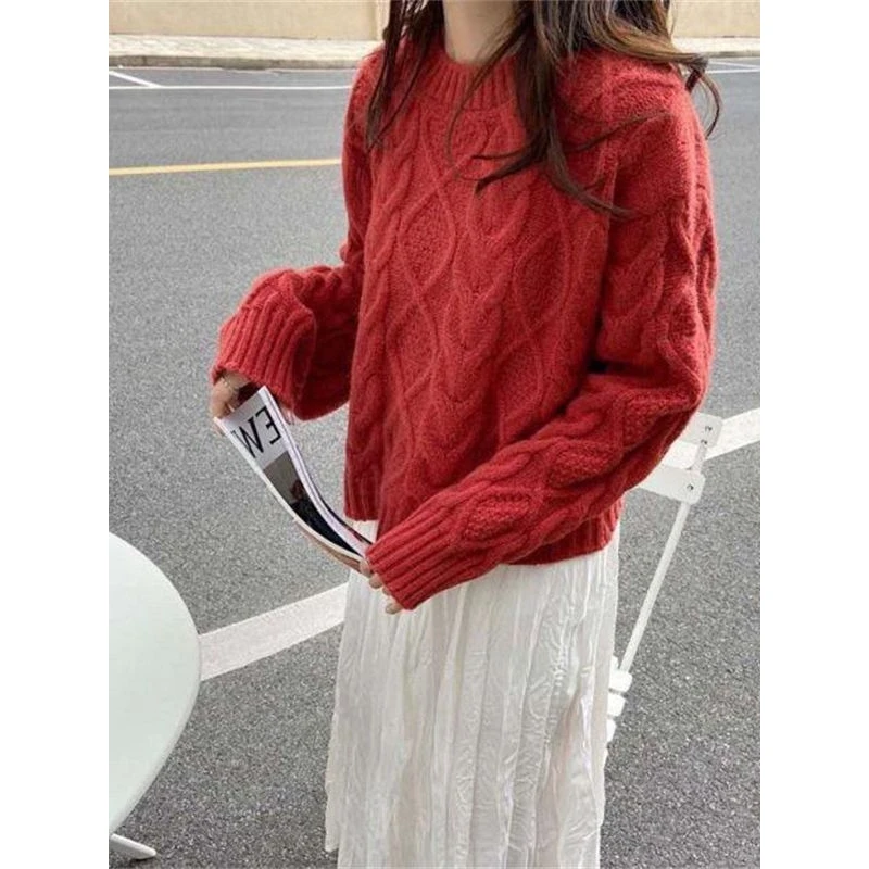 เสื้อไหมพรมถักลายปม ไหมเส้นใหญ่ ใส่เป็นเสื้อตัวใน สไตล์เกาหลี ญี่ปุ่น สำหรับฤดูใบไม้ร่วง ฤดูหนาว แฟชั่นผู้หญิง ทรงกลม คอวี