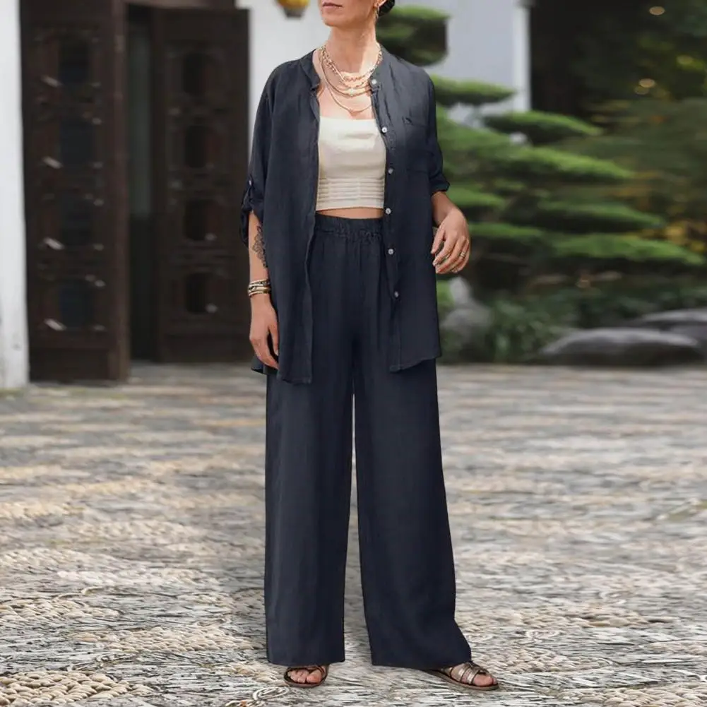 Women Casual Two-piece Suit Versatile Women's Homewear Set Stylish Stand Collar Shirt Wide Leg Pants for Comfortable Chic