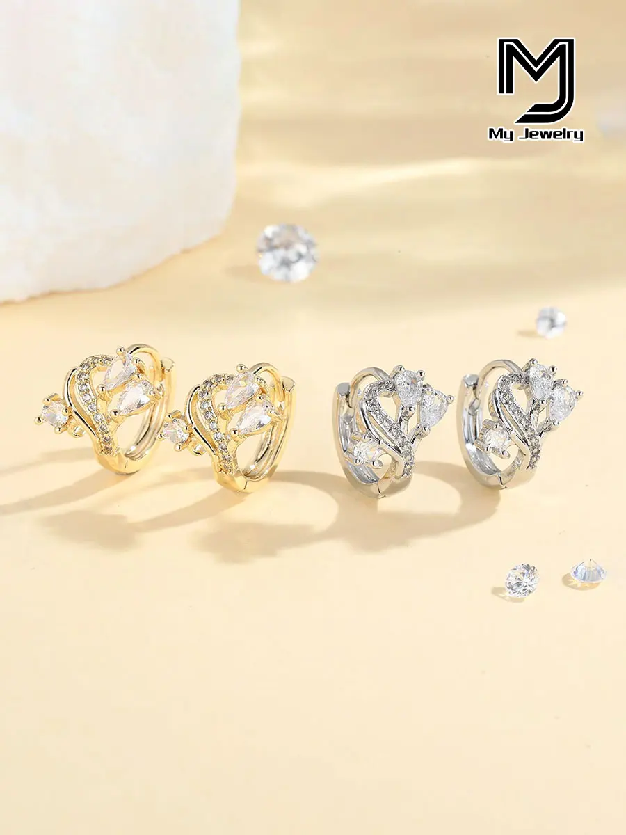 Hot-Selling Asymmetrical Novel Leaf-Shaped Light Luxury Women's Copper Earrings with Zircon Inlay, Simple Line Pattern, Gold-Plated Exquisite Hoops