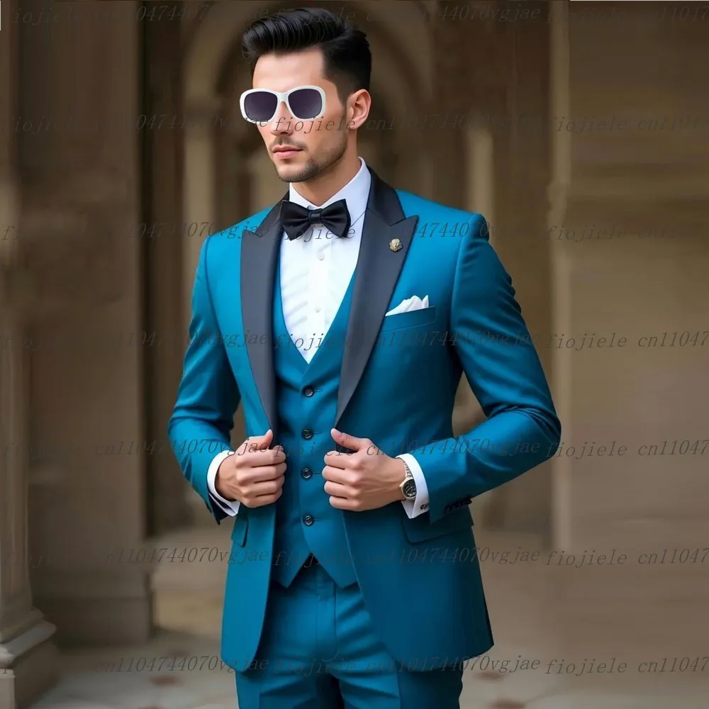

Новый синий мужской костюм с черным воротником, официальная свадебная вечеринка, жених, жених, деловые мужские смокинги, комплект из 3 предметов, куртка, жилет, брюки