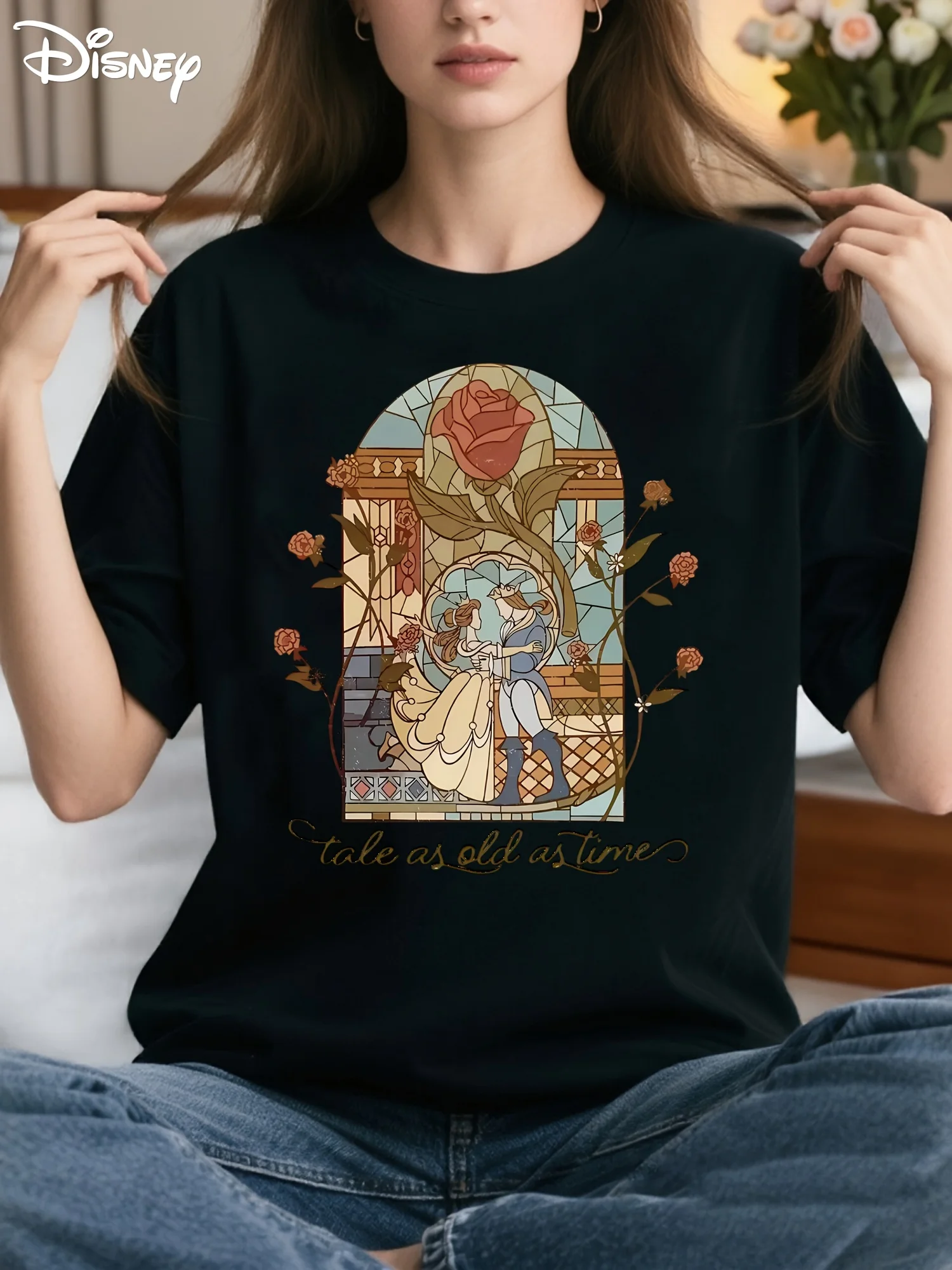 

Women'S Disney Beauty and The Beast Belle & Beast Dance T-Shirt - Belle'S Enchanted Rose Ballroom Dance Scene, Oversized Casual