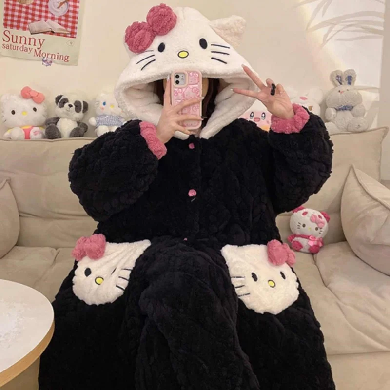 Sanrio Hello Kitty Hooded Pajamas Suit For Women Coral Velvet Three Layer Extra Thick Cotton Home Outdoors Clothes Set In Winter