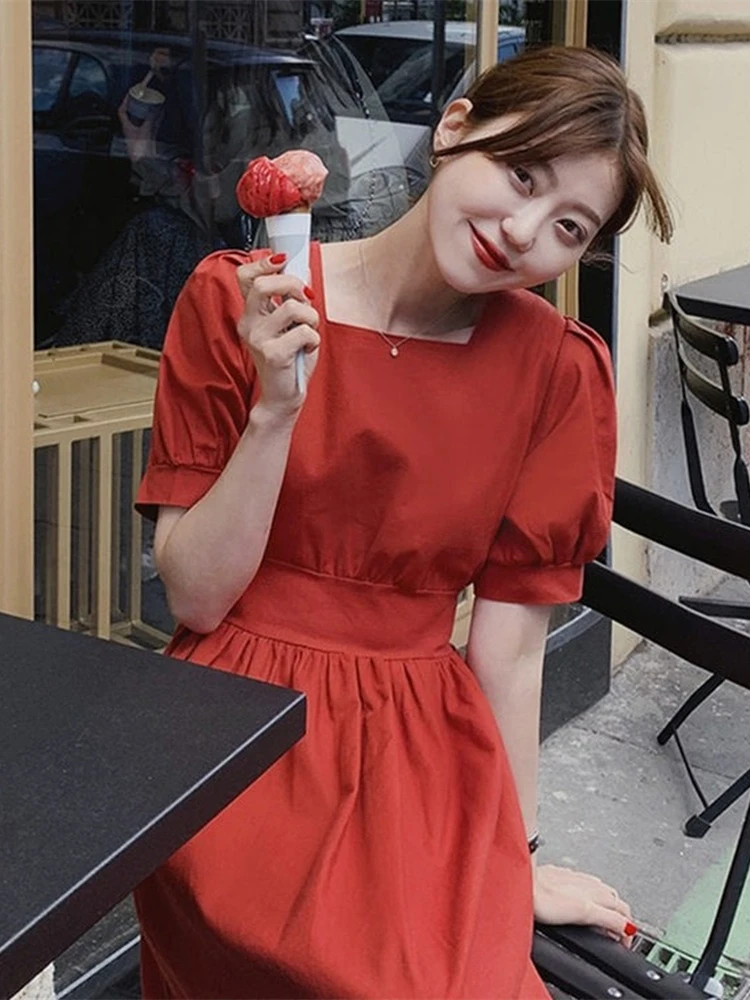 

Summer Girls Dress Women Cotton Linen Casual short Sleeve Dresses Female Dress Vintage Solid Red dress Boho Robe Femme Vestido