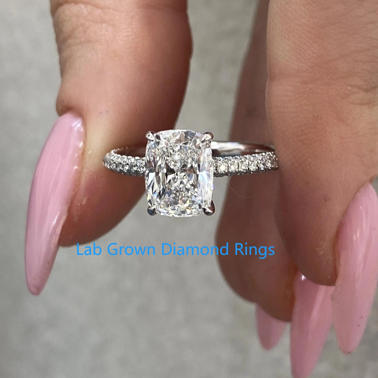 2CT Elongated Cushion Cut Lab-Grown Diamond Pave Ring in Platinum 950 with DEF VS Quality IGI Certified Wedding Band for Ladies