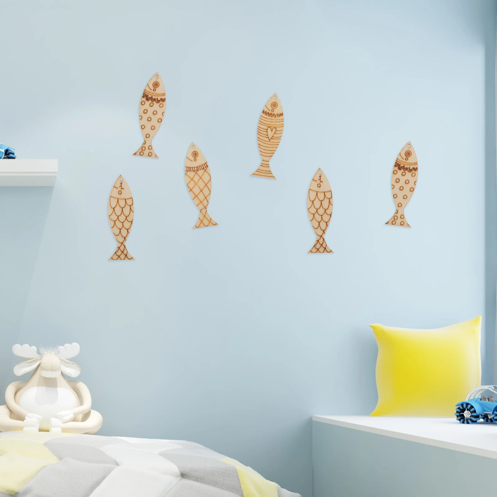

50pcs Painted Fish Pendant Wooden Cutouts with Holes Unfinished Natural Craft Blanks DIY Projects Kids Handcraft Nautical Decor