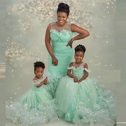 Mint Green Mother and Daughter Dress Ruffles Sheer Neck African Women Mommy and Me Birthday Dress For Photo Shoots Family Look