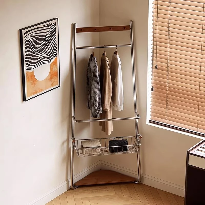 Medieval stainless steel floor-to-ceiling coat rack, bedroom balcony household simple shelf, creative storage hanger