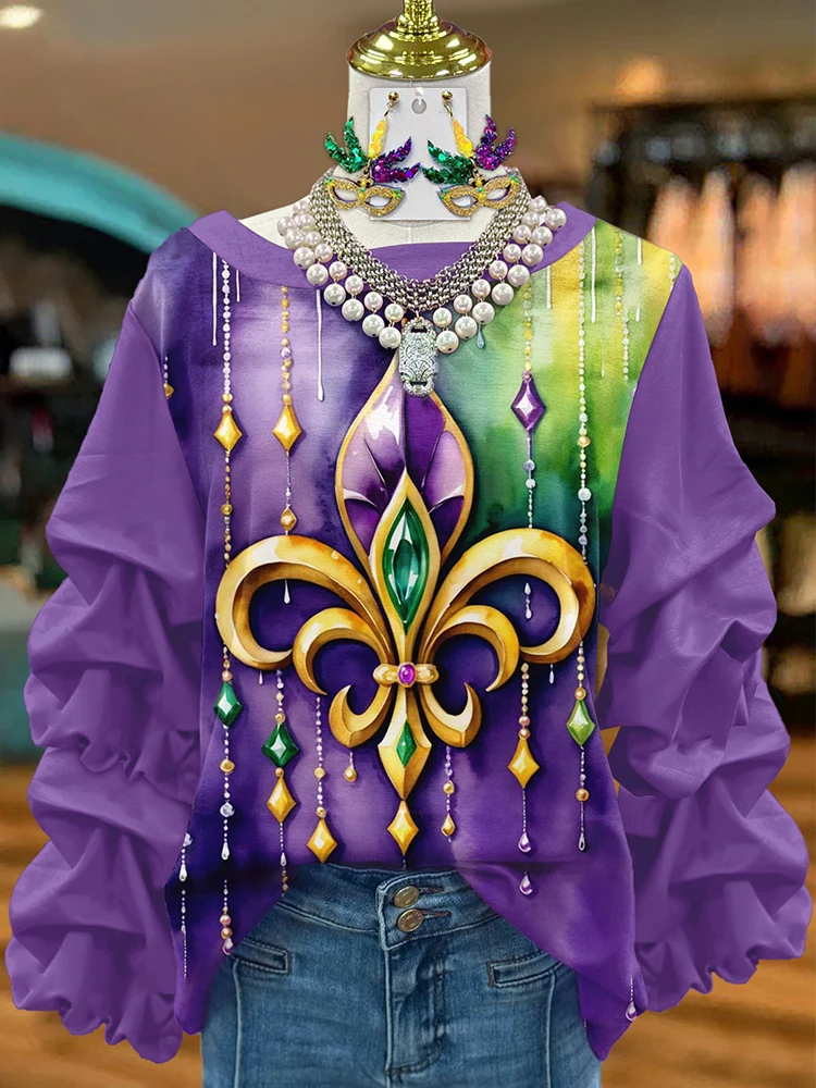 Mardi Gras Print Pleated Sweatshirt