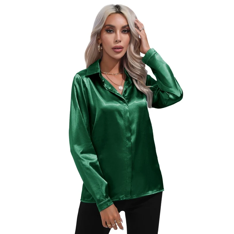 Women\'s Shirts Satin Imitation Silk Long Sleeves Commuting Casual Silk Ice Light Luxury One Button Blouse