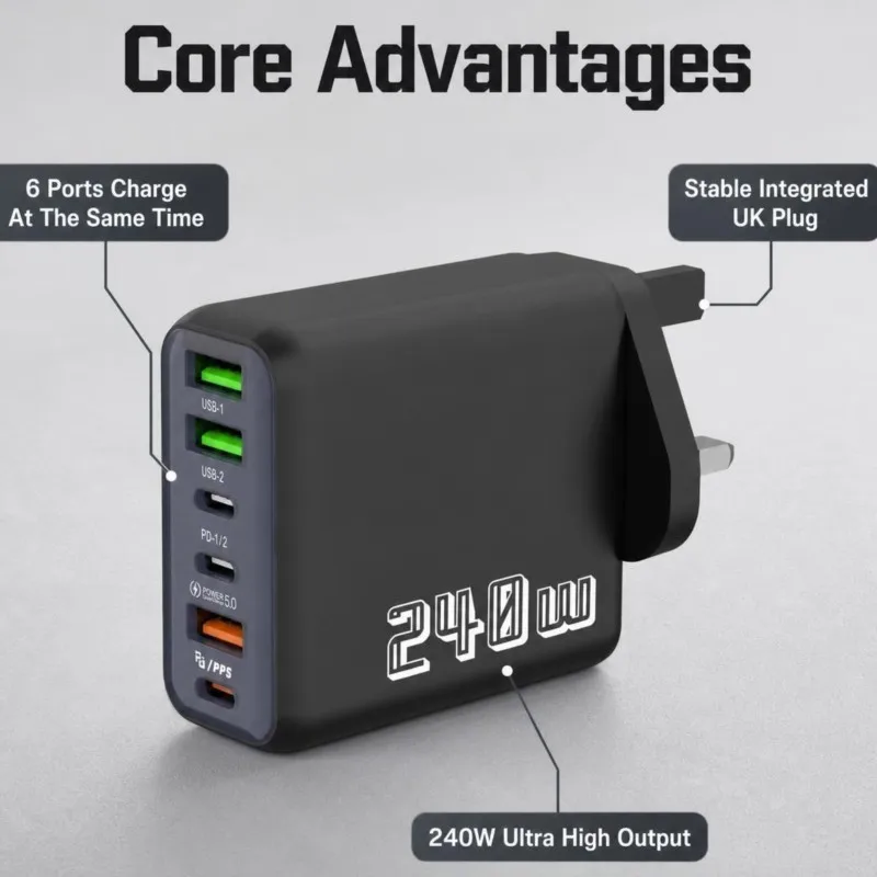 240W High Power 6‑in‑1 Wall Charger Adapter USB‑C PD Multi Device Fast Charging Station For iPhone Samsung Laptop Notebook
