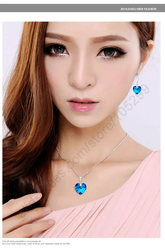 Jewely Sets Blue Austrian Crystal Genuine  925 Sterling Silver Color Heart Pendant Necklace Earring Ear Thread Hook Earrings