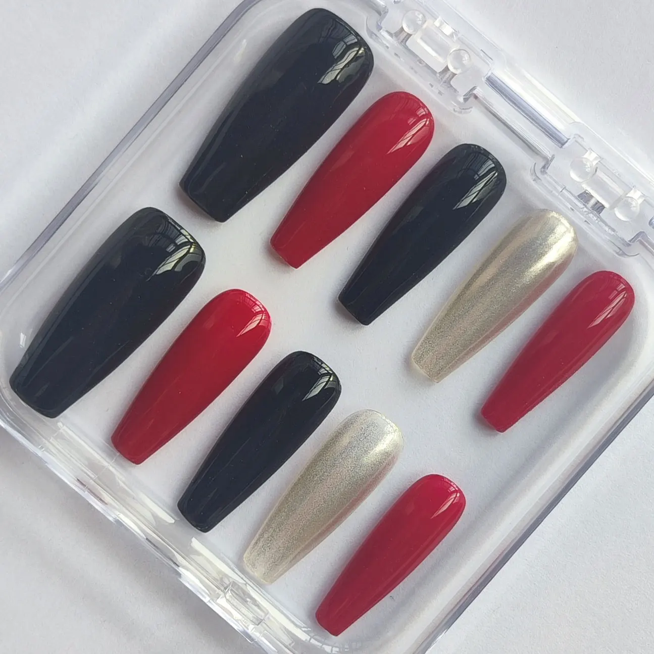 10pcs Blcak Red Gold Pure Handmade Press On Nails Wearable Elegant Fashion Popular Women Girl Female Daily Wear Manicure