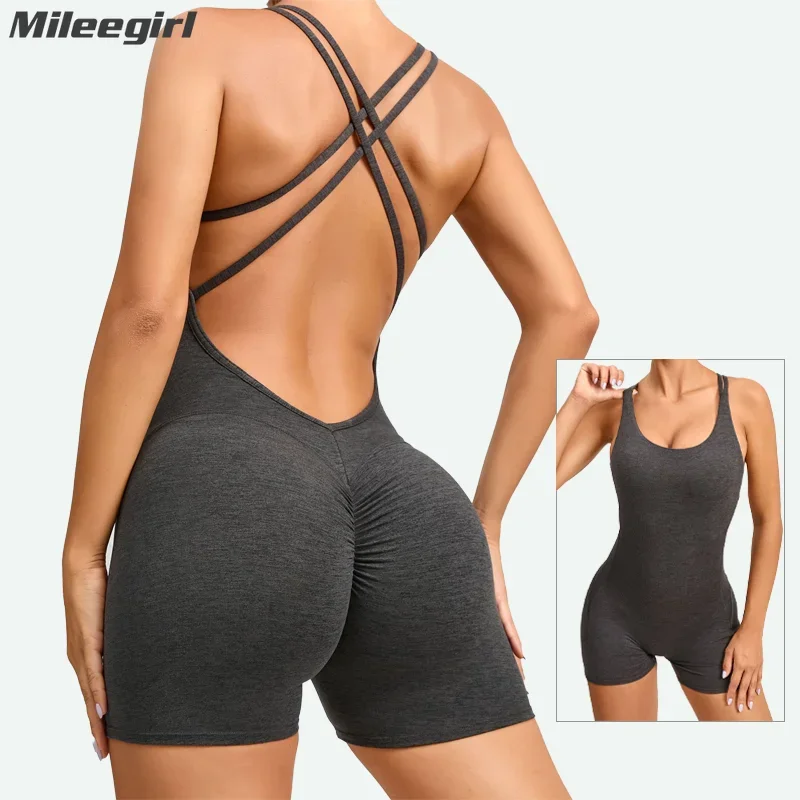 

Mileegirl Cross Back Women Yoga Jumpsuit Hip Lifting Sports Shorts Tracksuit One Piece Padded Gym Fitness Set Workout Bodysuit