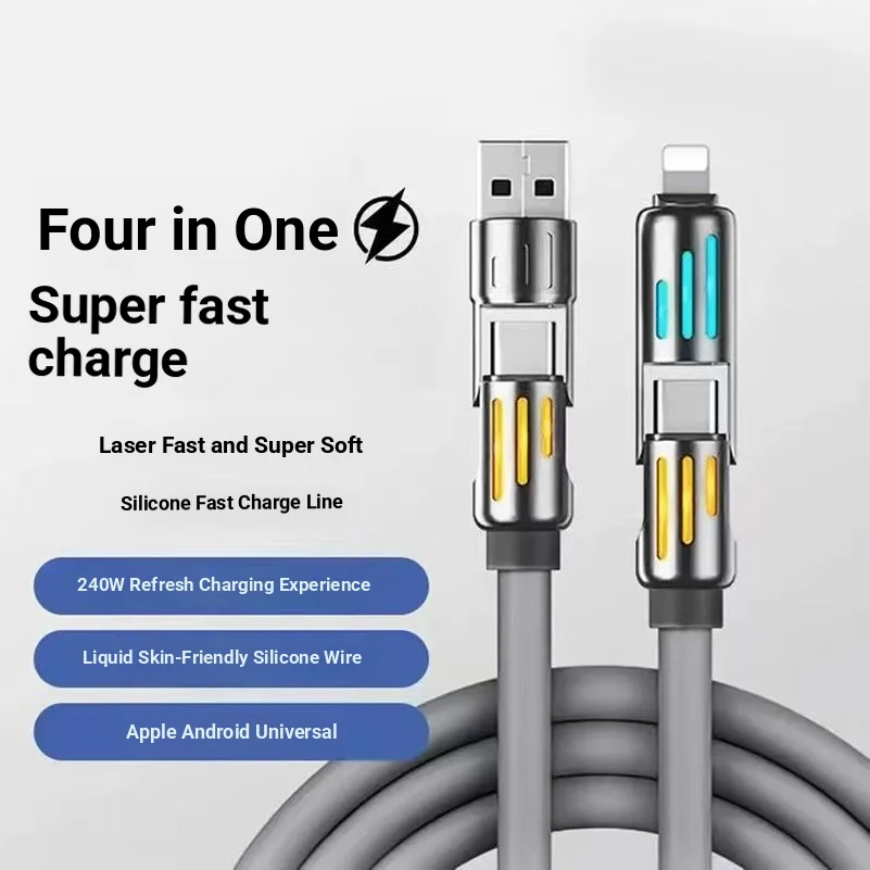 

XXM 240W 4-in-1 Breathing Light Charger Cable USB Type C Fast Charging Cable with LED Light Silicone for iPhone Samsung