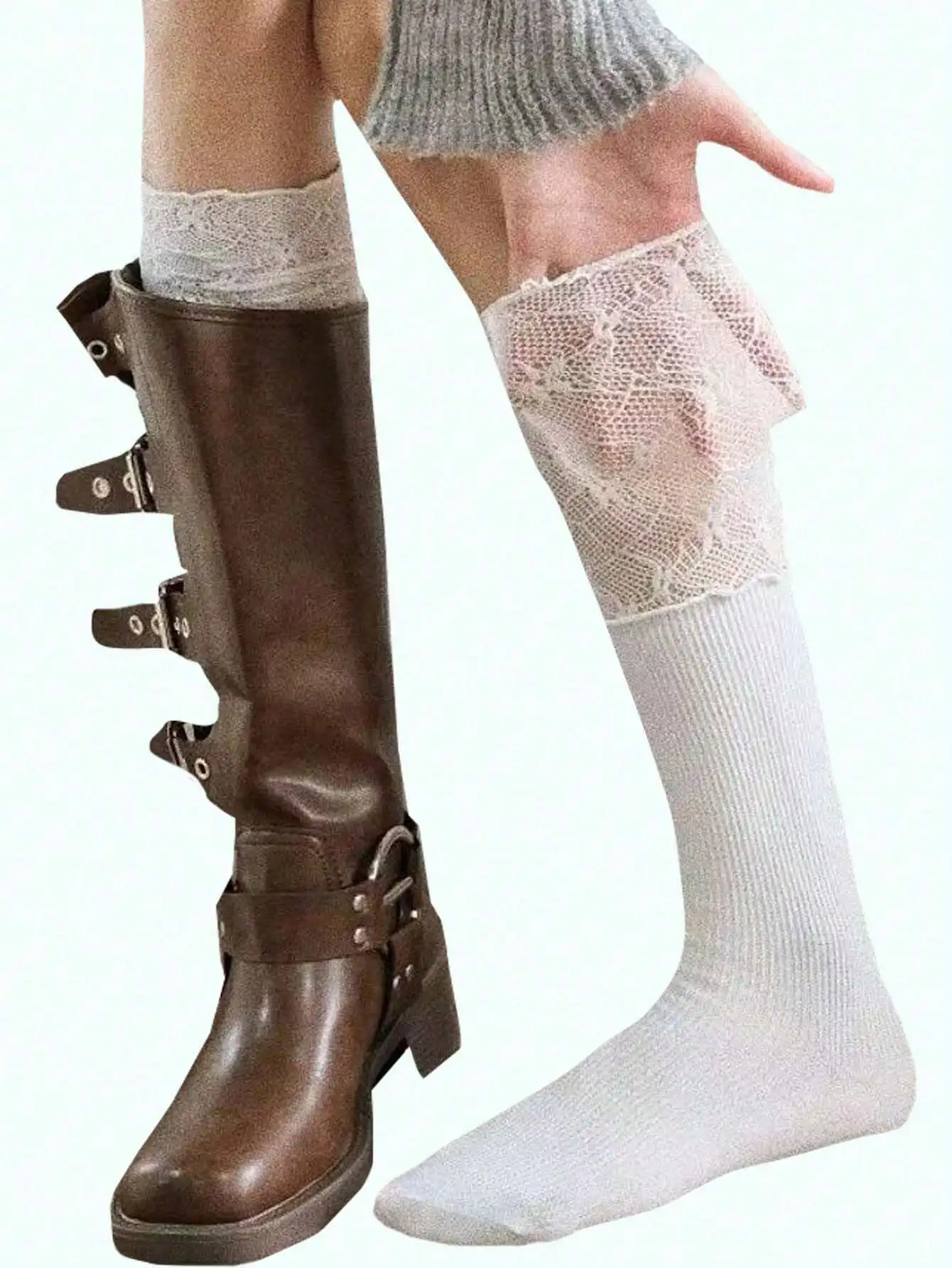 

Women's White Lace Over-The-Knee Socks with Ribbed Cuff, Retro Style for Boots & Casual Wear