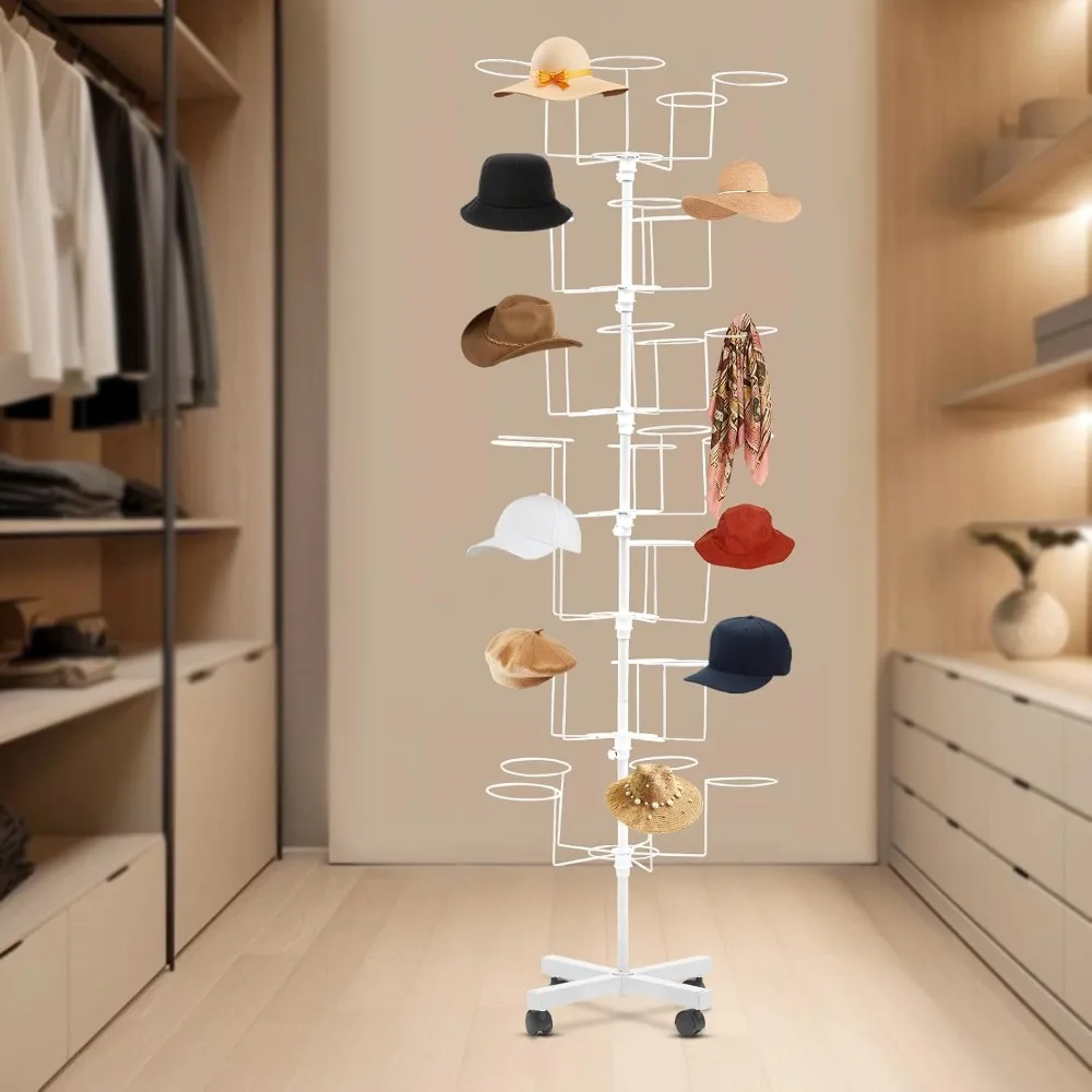 

7-Tier Hat Display Rack Rotating Wig Stand with Wheels Metal Hat Rack Display Stand with 35 Hooks Floor Standing Hat Organizer