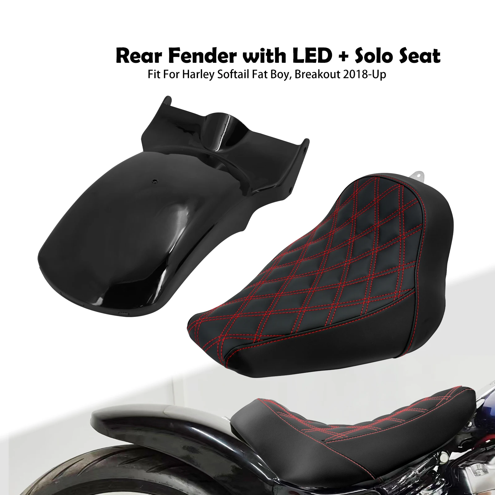 Motorcycle Driver Solo Cushion Seat Rear Fender Mudguard With Turn Signal LED Light For Harley Softail Fat Boy Breakout 18-2023