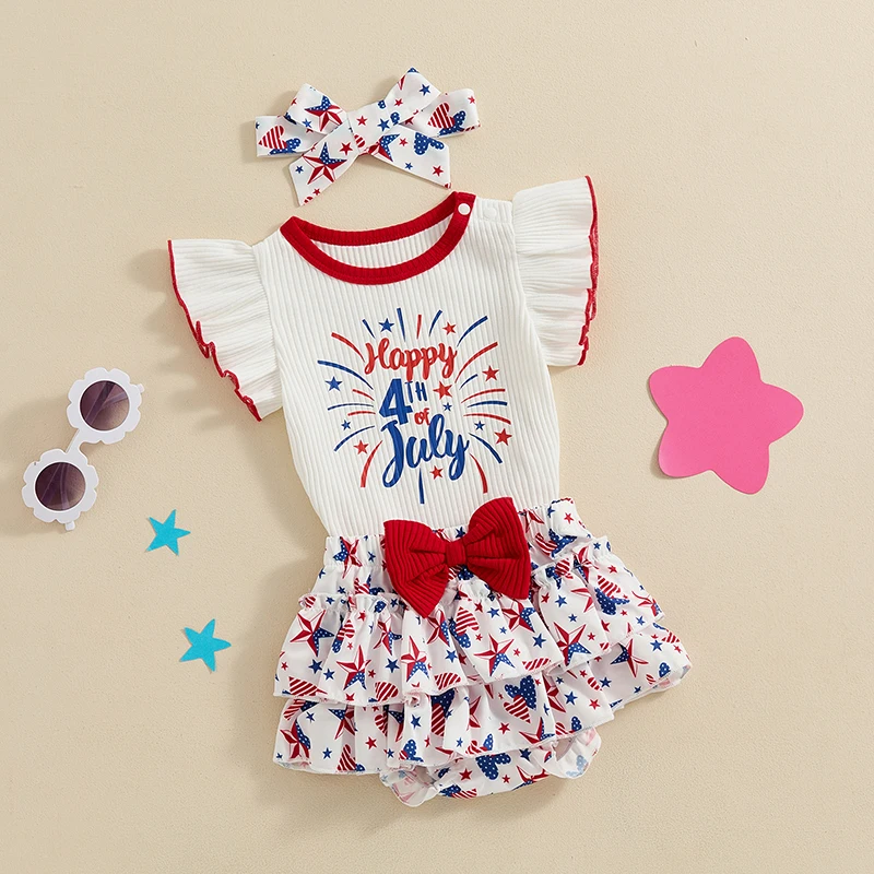 

Baby Girl 4th of July Outfit Letter Print Flying Sleeve Romper with Star Bow Shorts and Headband