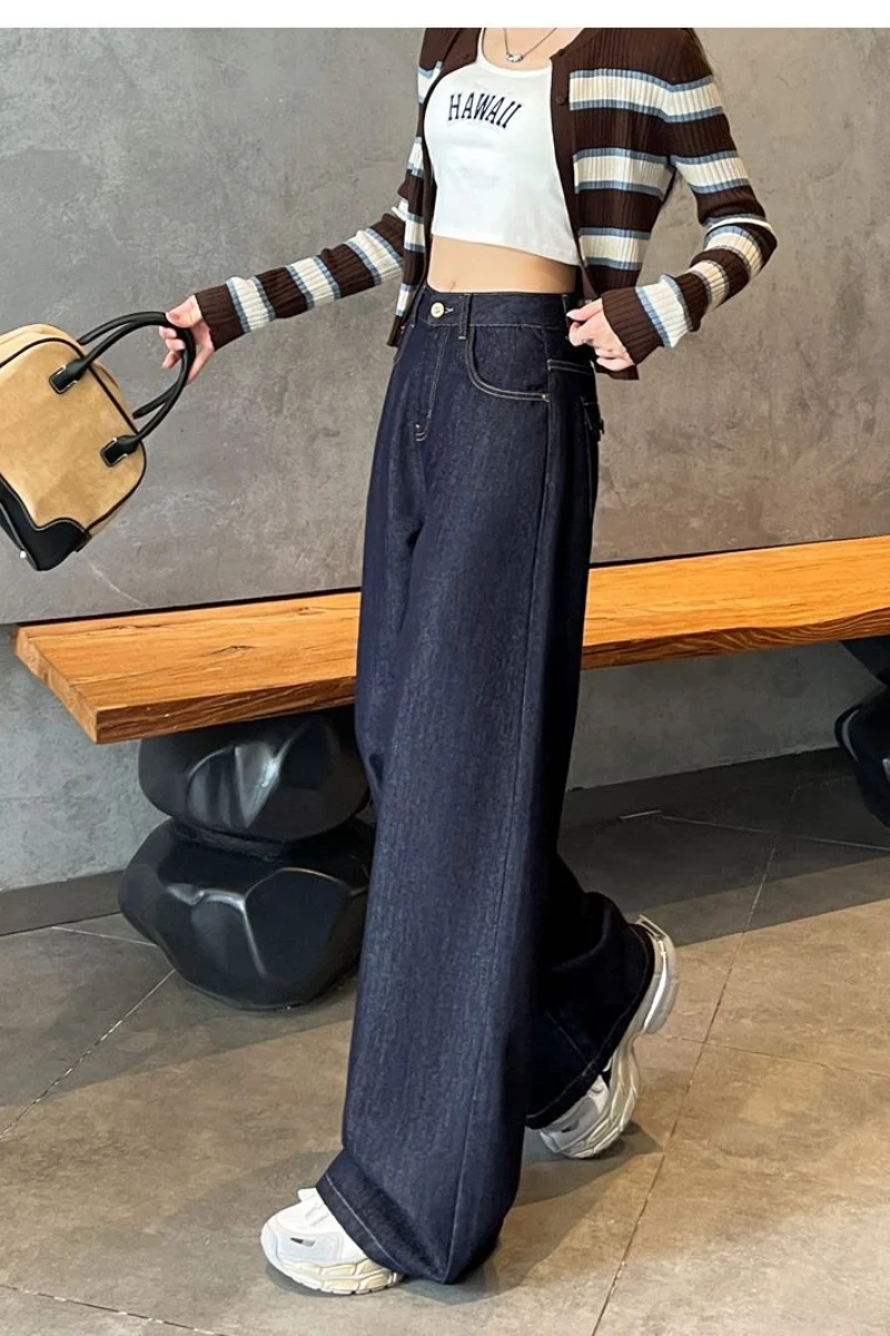 Damskie ocieplane jeansy Y2K z polarową podszewką, luźne spodnie z szerokimi nogawkami, modne, wygodne, elastyczne, niebieski denim na zimę.