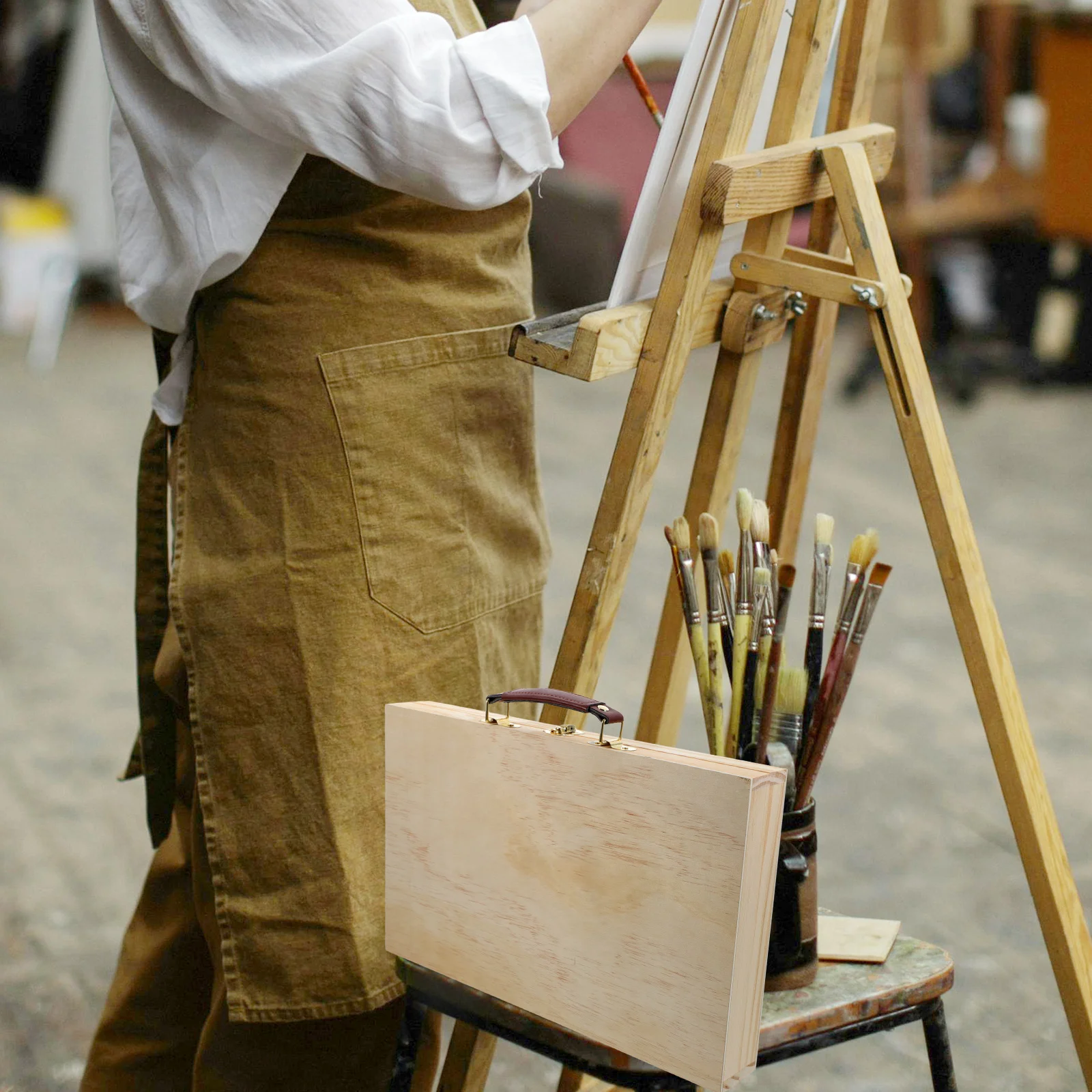 Portable Solid Paint Box Wood Paint Box Drawing Tool Case With Handle Supplies Wooden Storage Container