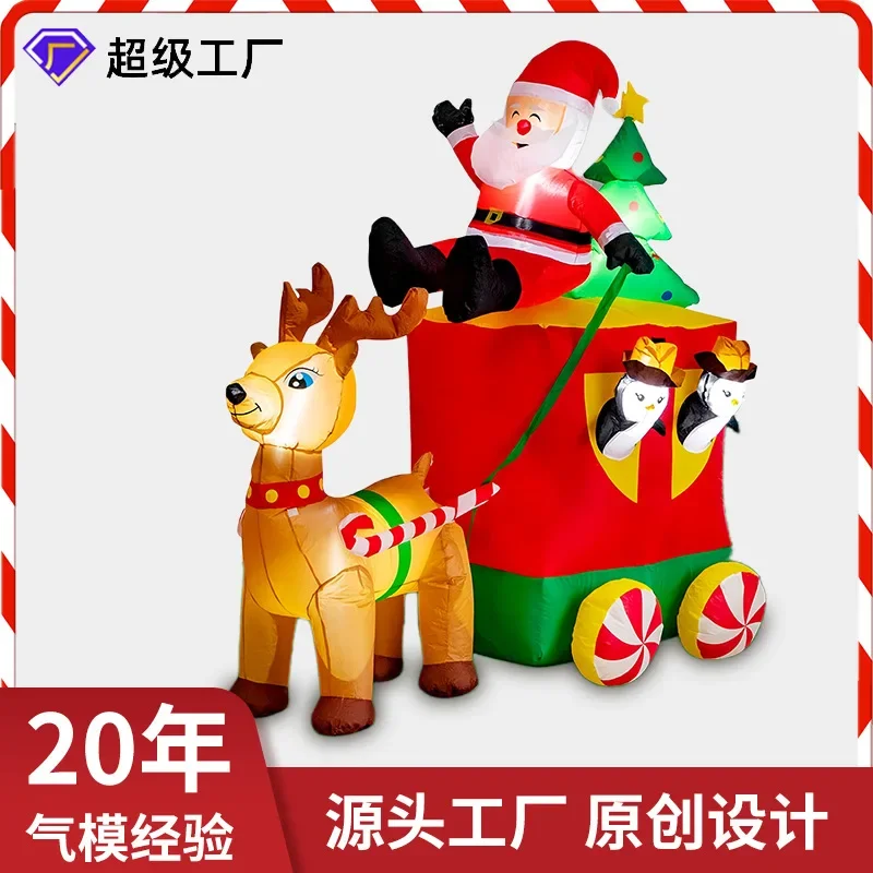 Cross border christmas inflatable reindeer pull cart santa claus led glow penguin patio christmas tree decoration