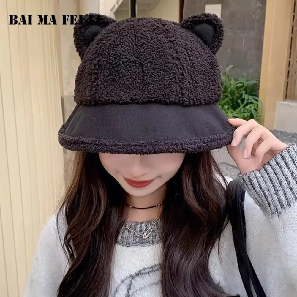 居心地の良いふわふわ冬用バケットハットふわふわ柔らかいぬいぐるみ暖かい帽子厚い防風猫耳漁師キャップ冬シーズン