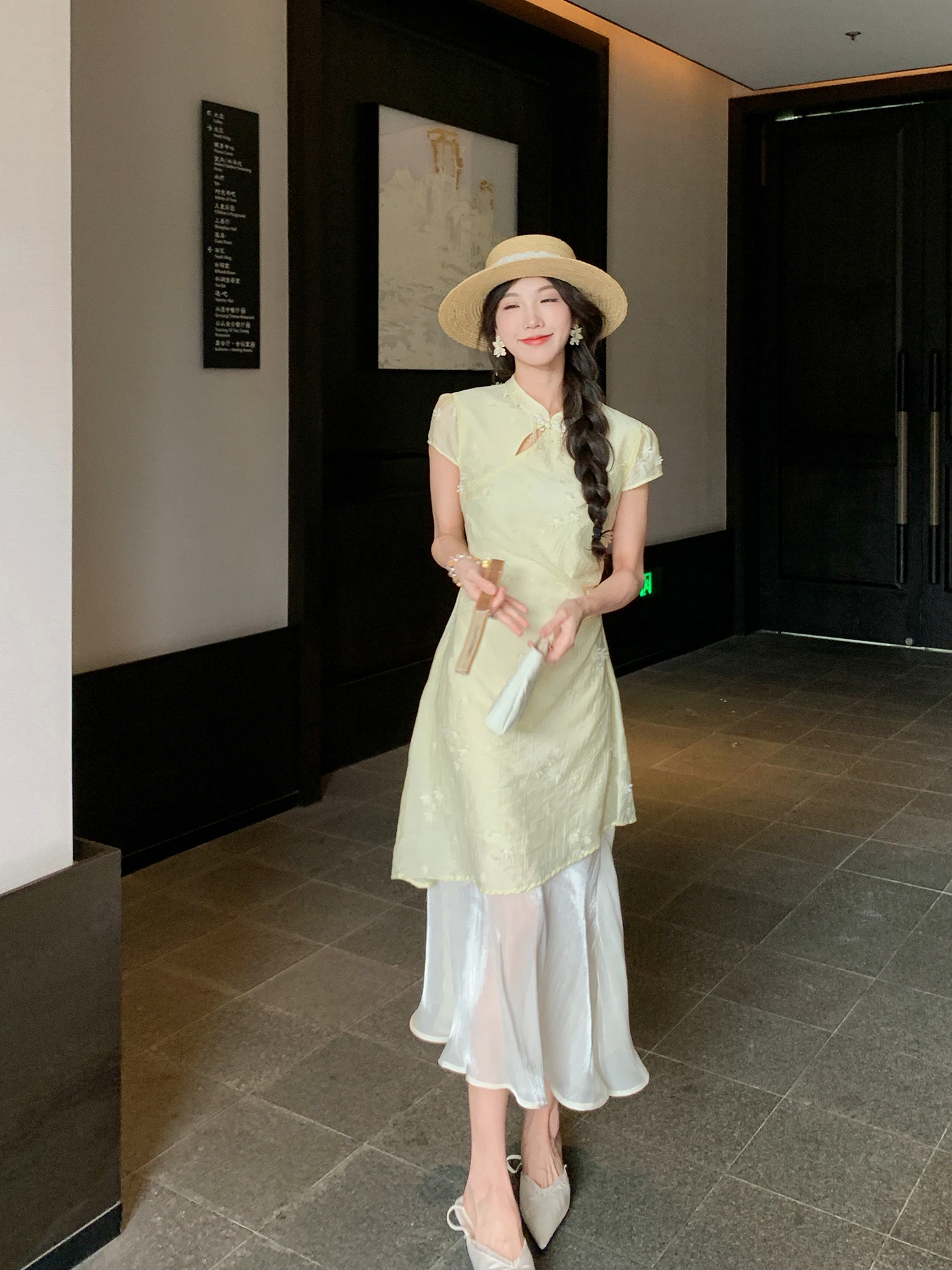 

New Chinese Style Gown with Stand Collar And Button Design Slimming Long Dress Daily Wear Comfortable Nylon Fabric