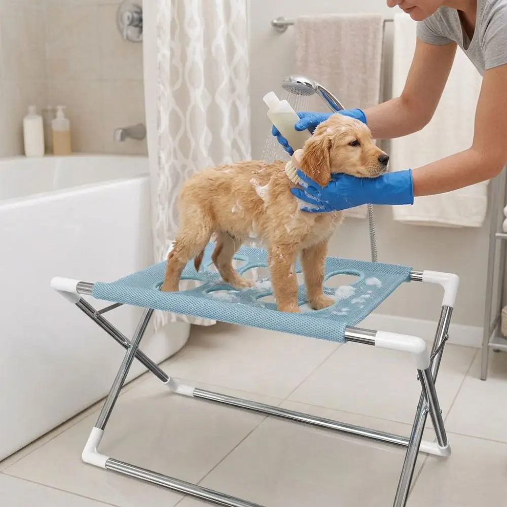 Quick Drying Folding Pet Grooming Hammock Anti-Scratch Adjustable Dog Grooming Table Stand Collapsible with Support Frame