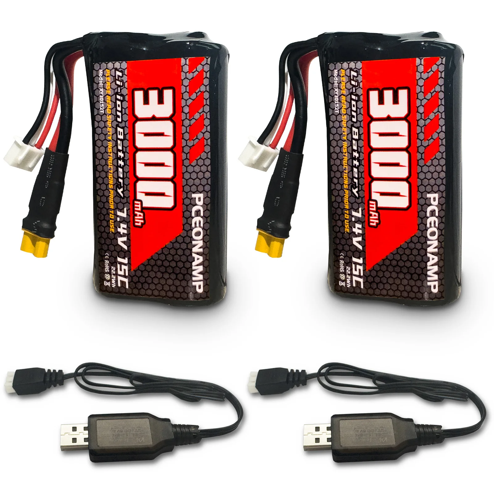 PCEONAMP 7.4V Li-ion Battery 3000mAh 2S with XT30 Plug Rechargeable High Capacity RC Battery Fit for Huina 580 582 583 594 Remote Control Excavator with 2 USB Charger Cable