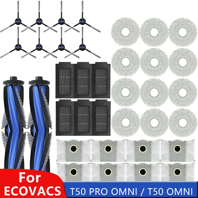 Pièces de rechange pour aspirateur Robot ECOVACS T50 PRO OMNI / T50 OMNI, brosses latérales principales, tissus de vadrouille, filtres HEPA, sacs à poussière, accessoires