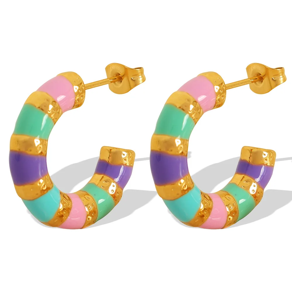 PRISCA | Stainless Steel C-shape Earrings for Women Fashion Pink Colored Jewelry 18k Gold Cute Birtdhay Gift