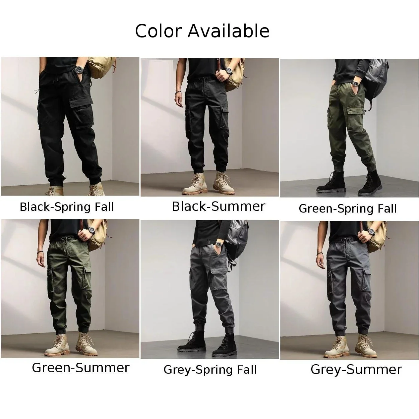 Men\'s Solid Cargo Pants Casual Loose Fit Ankle Banded Trousers Classic Fashion For Spring And Autumn Grey Black Green