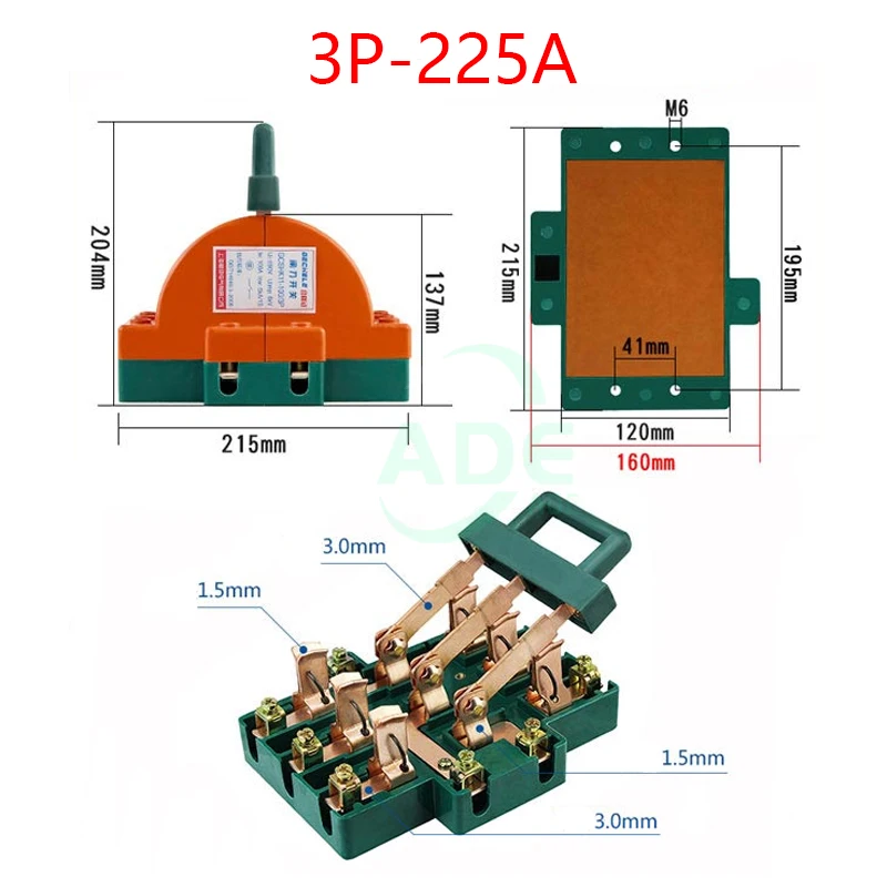 High quality 3P knife switch 225A two-phase knife switch high power 220V 380V double throw Disconnector