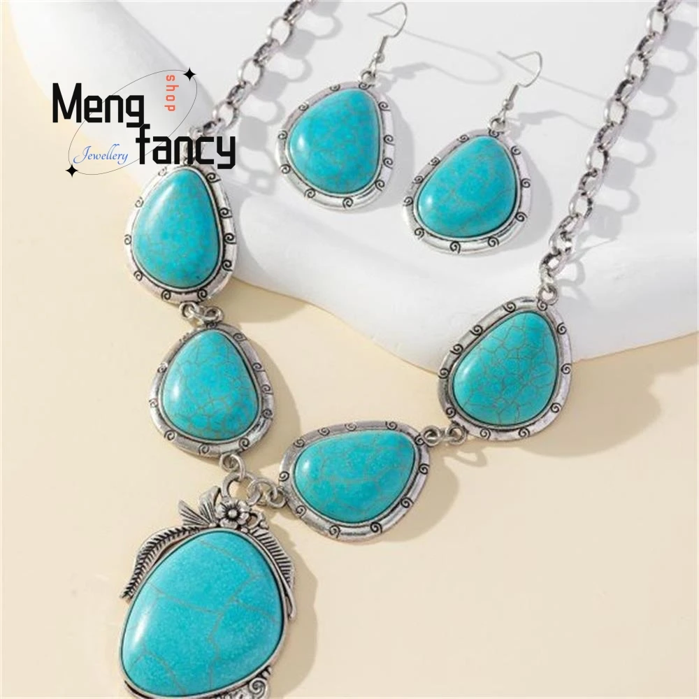 Natural Retro Necklace Western Style Exaggerated Turquoise Thai Silver High-grade Fashion Fine Jewelry Best Selling Holiday Gift