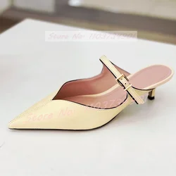 Sewing Buckle Strap Mid Heels Mules Female Fashion Elegant Pointy Toe Outdoor Slippers Women Party Sexy Patent Leather Shoes