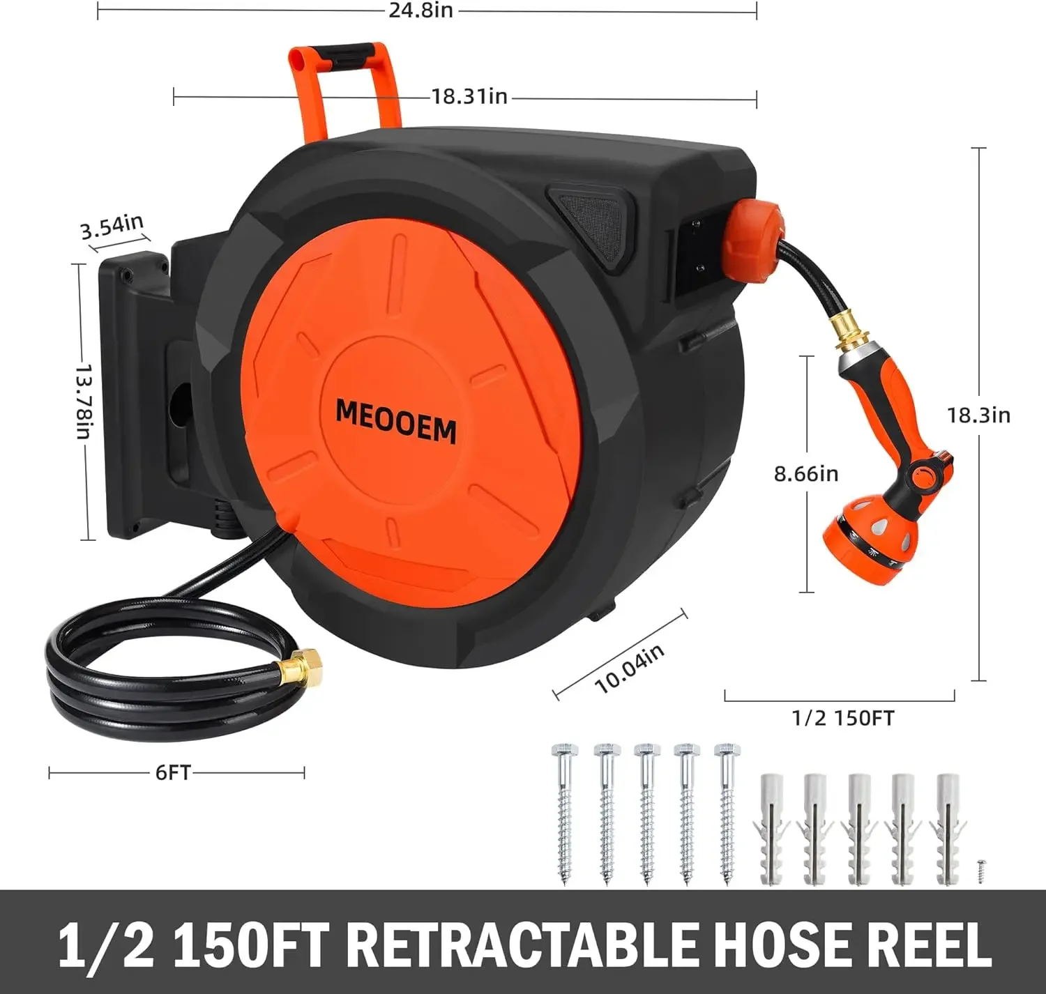 

[New Arrival, Free Shipping!]1/2 Inch 150FT Retractable Garden Hose Reel Wall Mounted Heavy Duty, 10 Pattern Nozzle & 180°Swivel