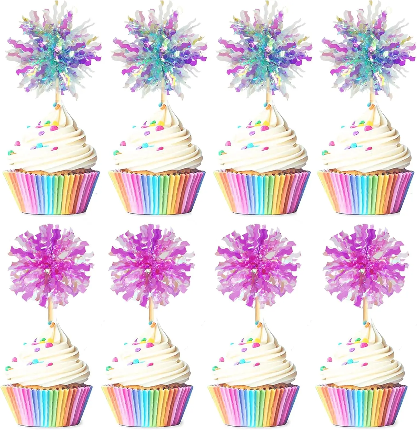 30 Pcs Foil Firework Cupcake Toppers, Sparkle Blue Purple Party Decor