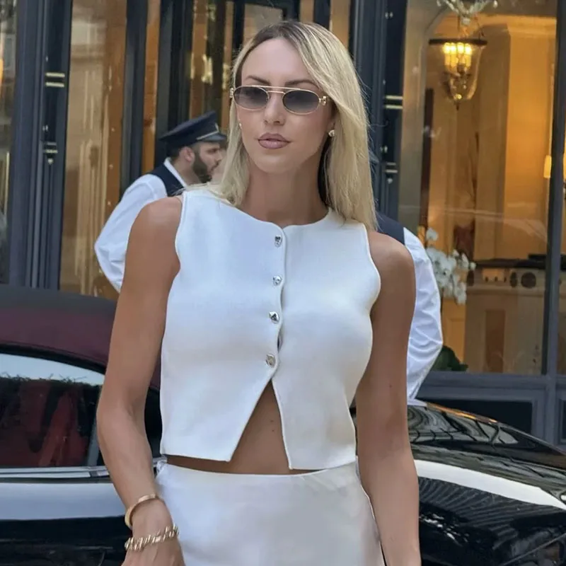 2023 neue Pullover Weste für Weibliche Sommer Ärmellose Abgeschnitten Gestrickte Westen Frau Einfarbig Grundlegende Dünne Streetwear Y2K Tanks Tops