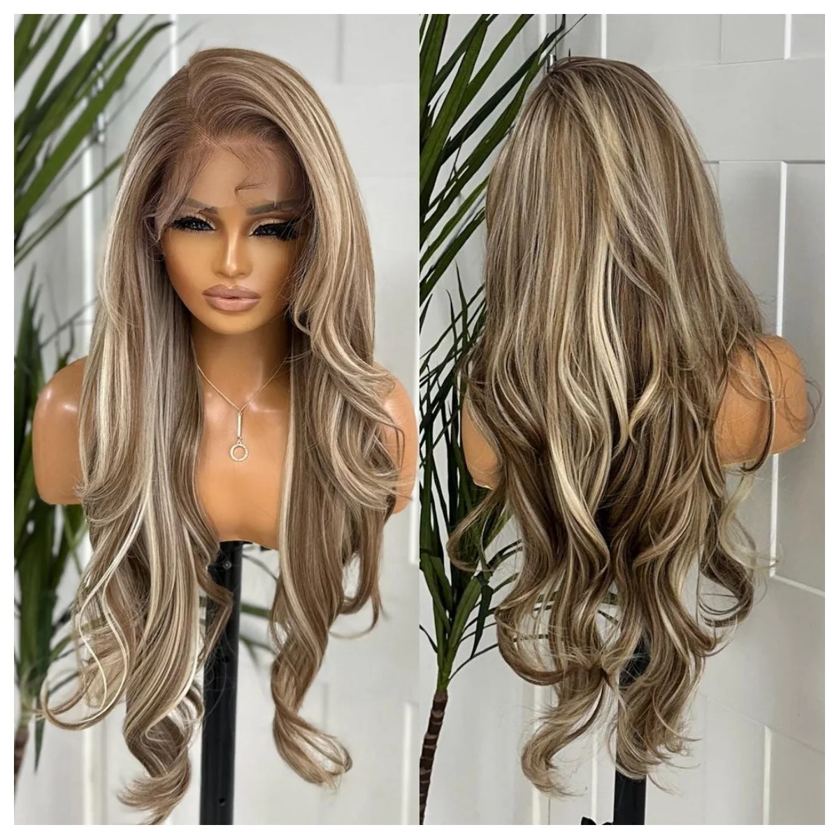 ハイライトオンブレウィッグ ボディウェーブ レースフロントウィッグ 13x4 HDレースウィッグ ブラウンブロンドヘッドバンド付き グルーレスウィッグ 合成レースフロントウィッグ