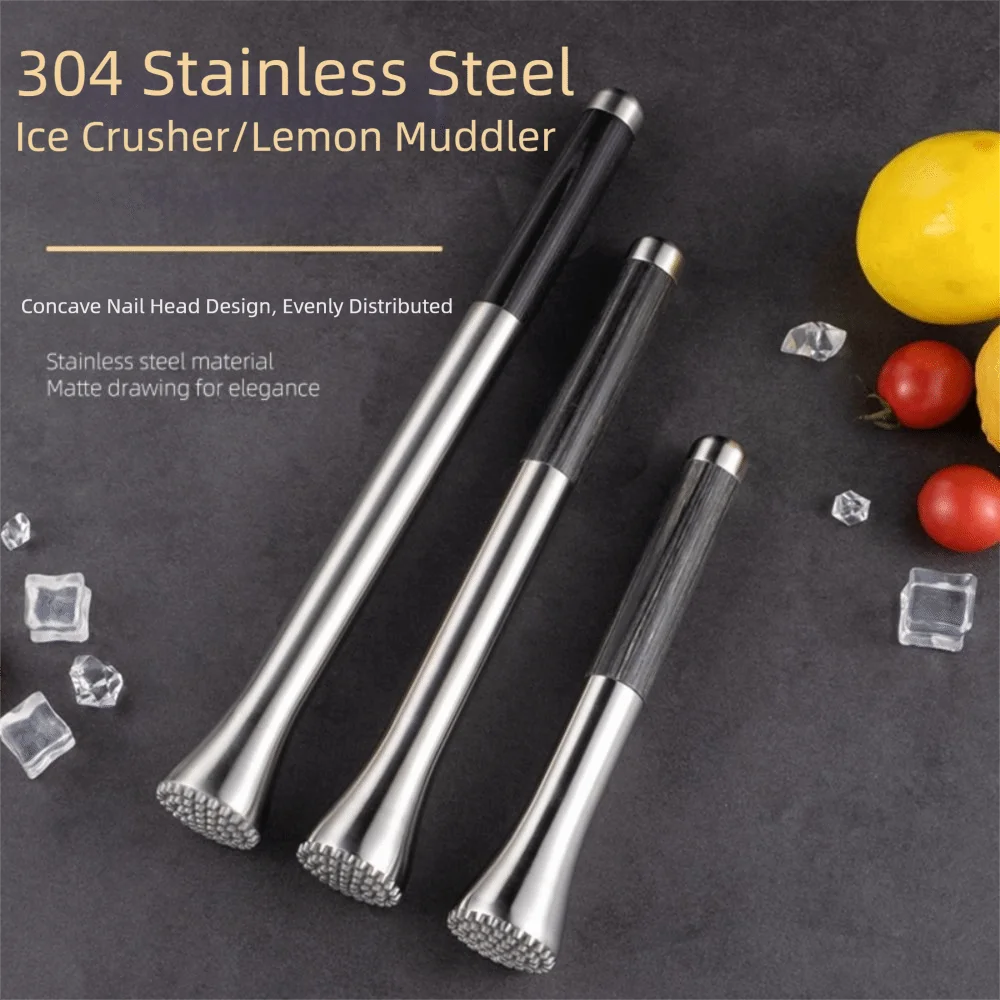 304 Stainless Steel Ice Crusher Ergonomic Anti-Slip Wood Handle Ice Crushing Hammer Labour Saving Long Handle Cocktail Muddler