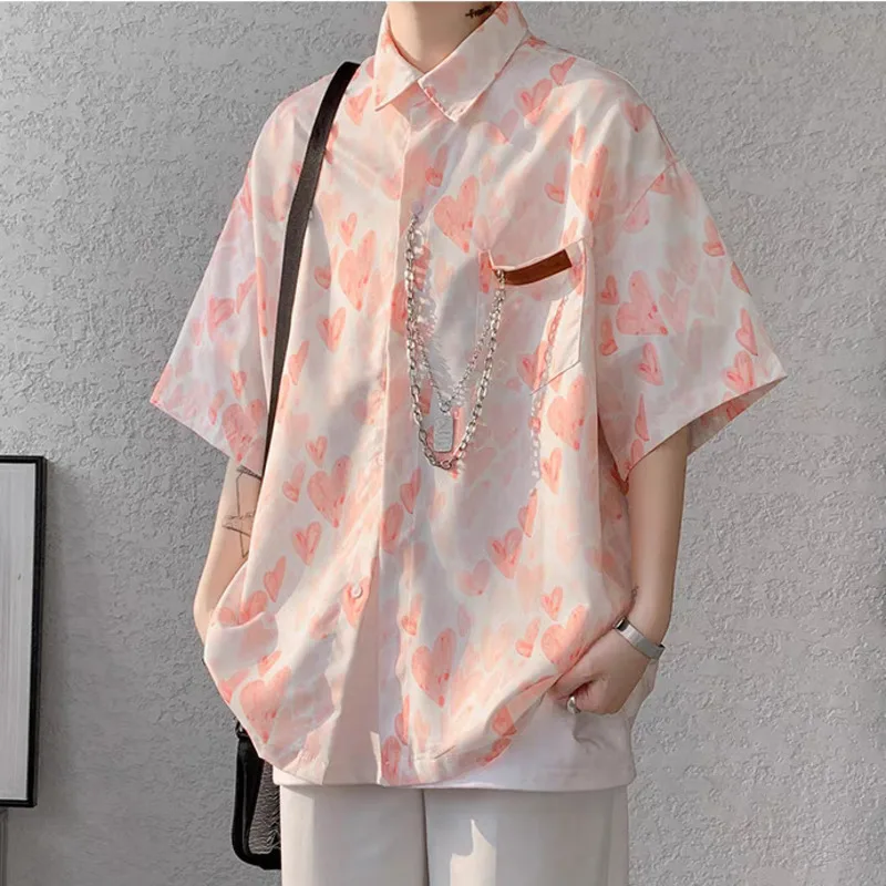 Hiphop Kettingen Korte Mouwen Shirt Dagelijks Mannen Oversized Blouses Hete Zomer Love Print Mode Streetwear Tieners Kleding