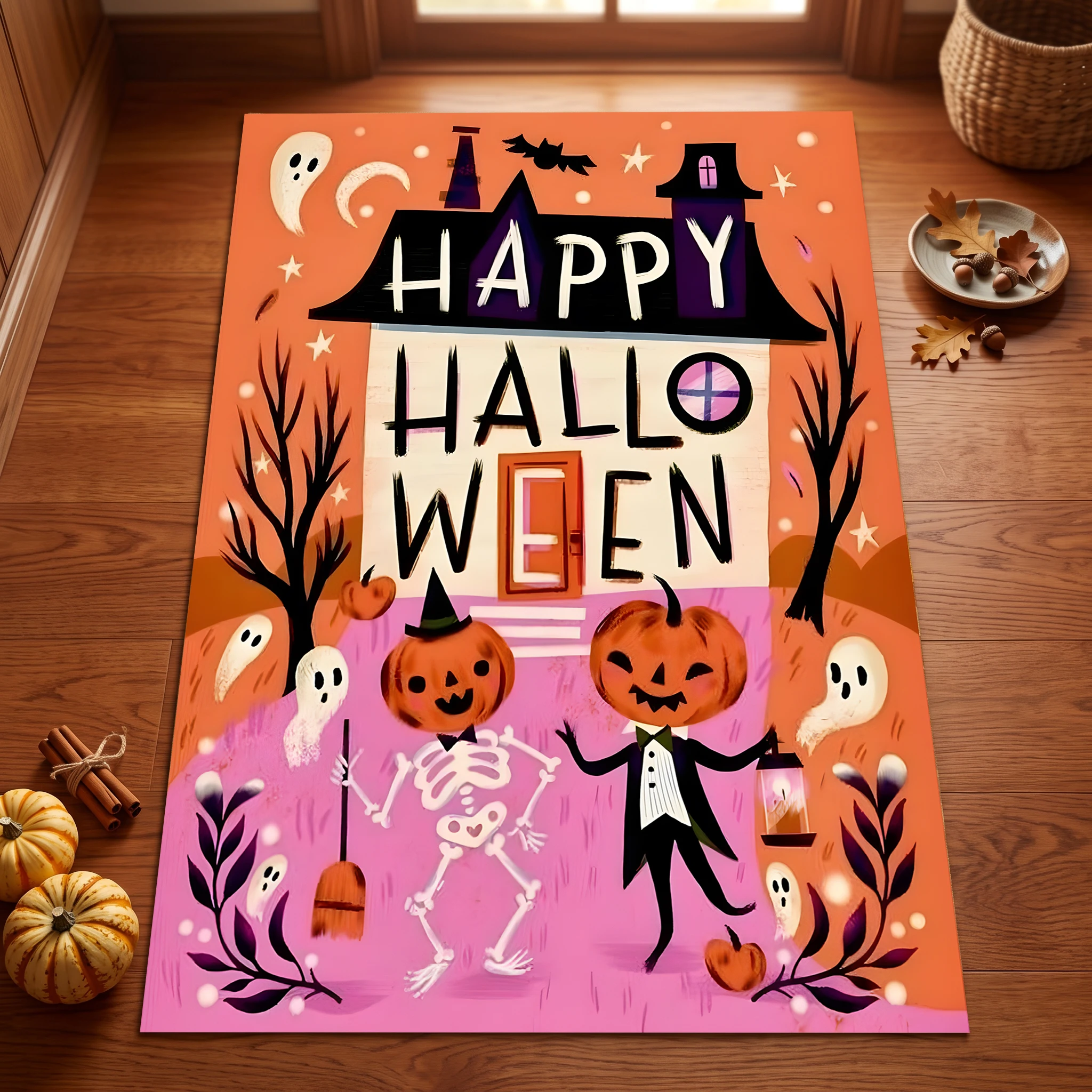 Cartoon Pumpkin Bat Ghost Cute Halloween Velvet Area Rug, for Entryway Bedroom Living Room, Autumn Winter