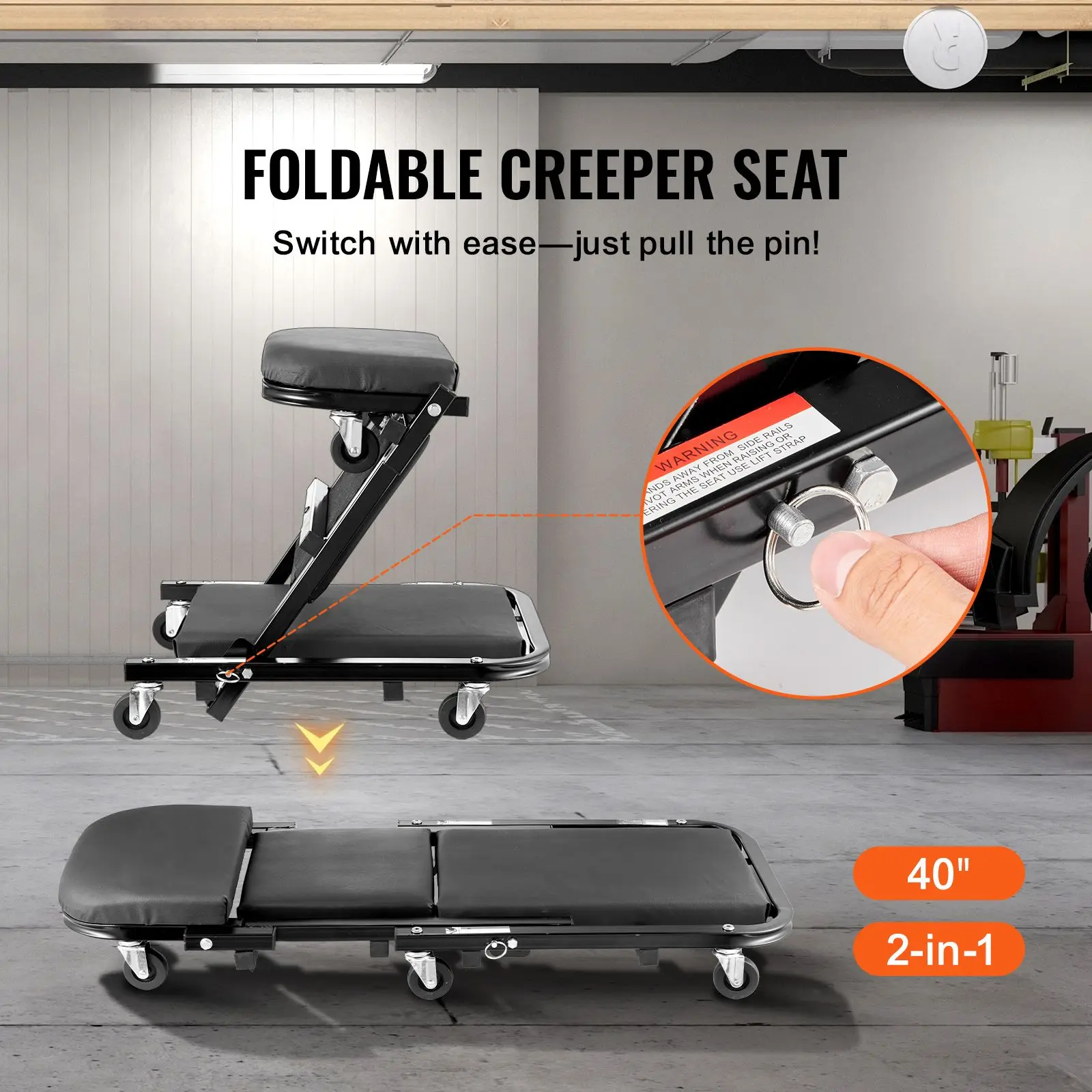 Foldable Z Garage Creeper, 40 in, 450 lbs Load Capacity Rolling Folding Mechanic Stool, with 6 Universal Wheels Padded Seat