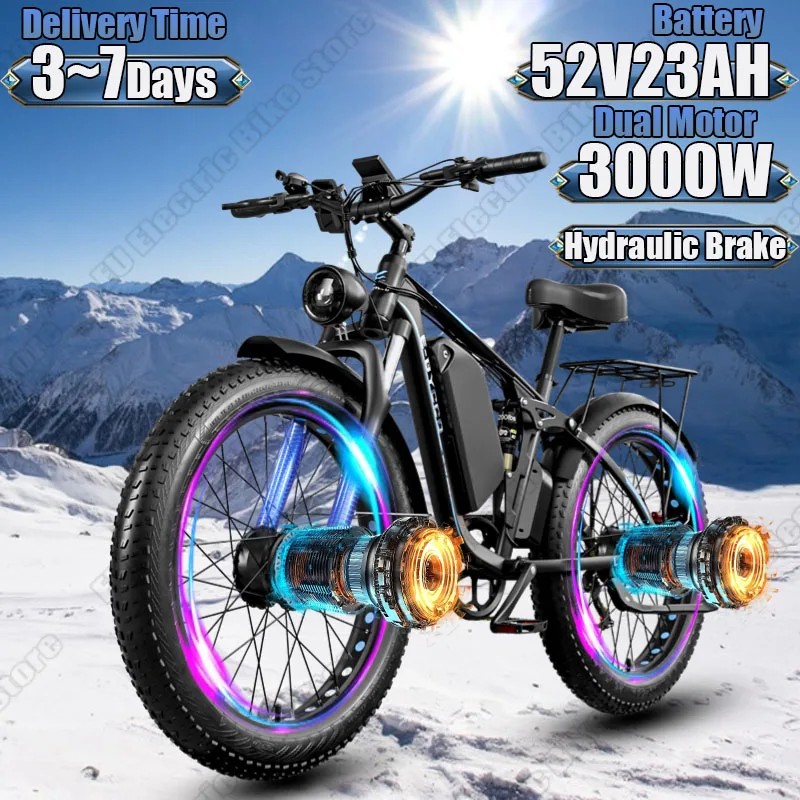 EB7Pro Electric Bike 3000W Dual Motor 52V23AH Lithium Battery Aluminum Alloy E-bike Aldult 26*4.0 Fat Tire Snow Electric Bicycle