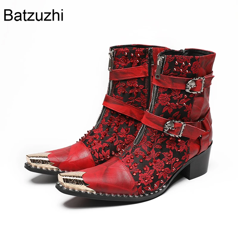 

Batzuzhi 6.5cm Heels Luxury Red Men's Genuine Leather Ankle Boots Pointed Iron Toe Punk Motorcycle Boots for Man, Big Sizes!