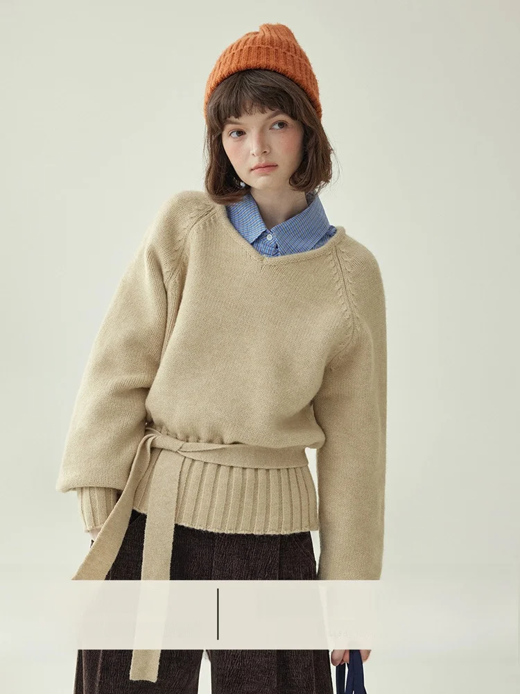 

AMUU Original Design V-Ne Long Sve Women's Sweater Waist-Cinching Belted Pure Color Loose Fit Commute Sle Autumn Winter