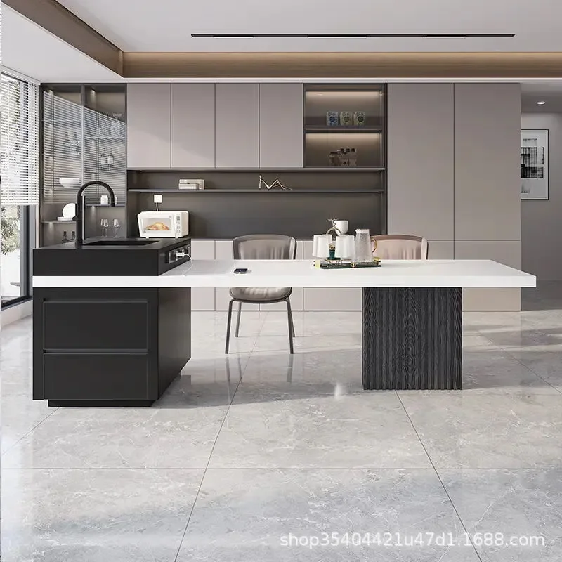 Modern Sintered Stone Island Dining Table with Retractable Sink Induction Cooker Multifunctional Kitchen Bar Counter